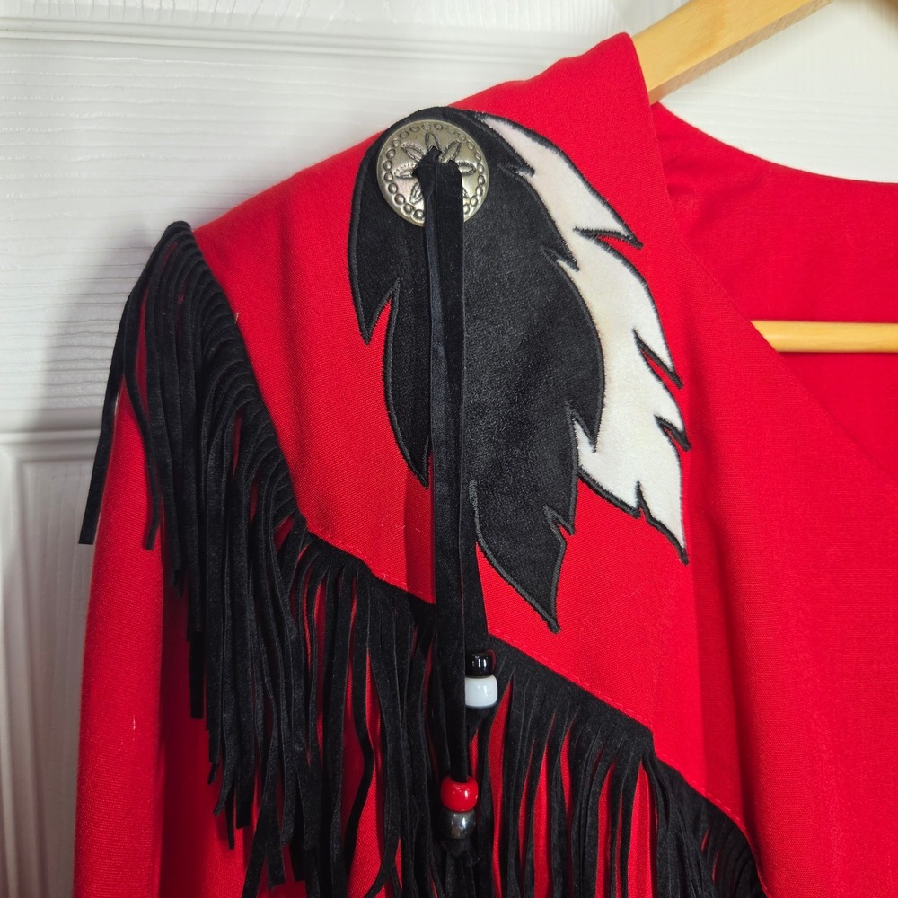 VTG Western Collection Red Rodeo Dress Fringe Concho Wolf M USA Circle Skirt - Picture 3 of 14